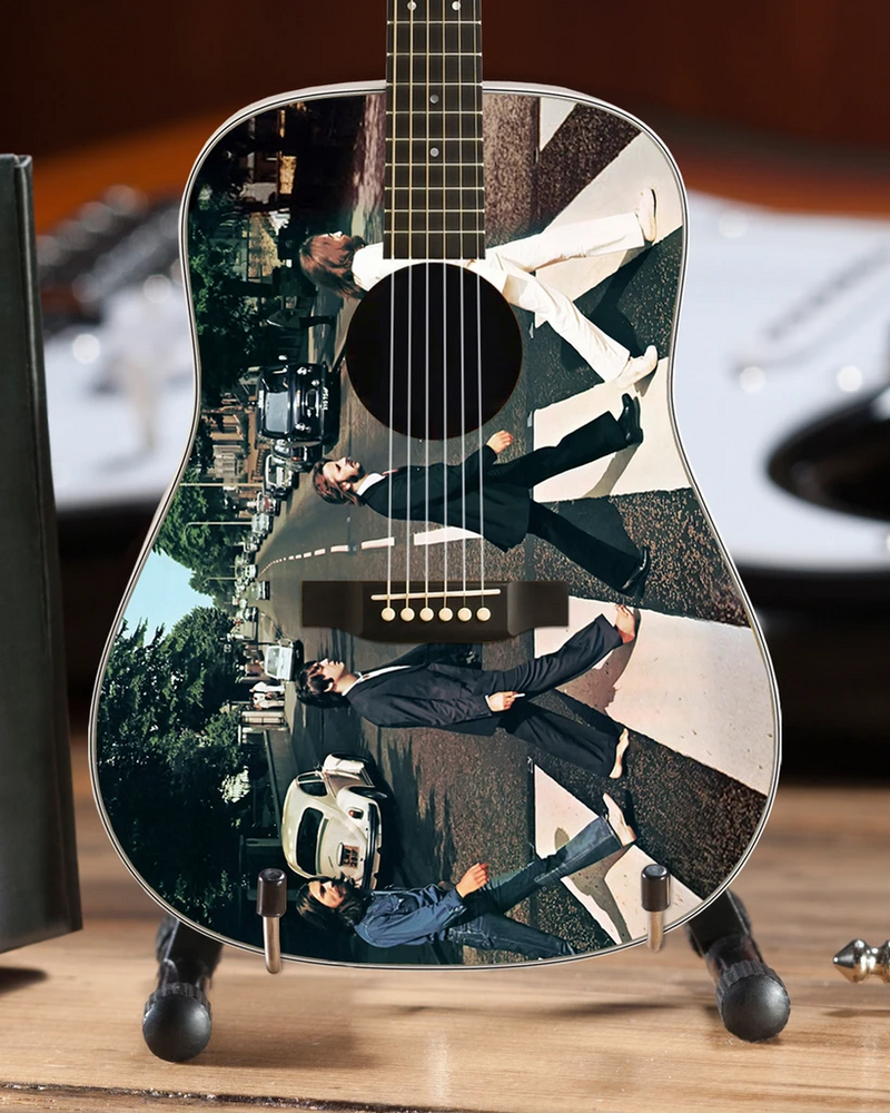 Beatles Fab Four - Miniature AXE Abbey Road Tribute Mini Acoustic - Radio Days Guitar Replica - Officially Licensed Collectible (FF-001) on desk