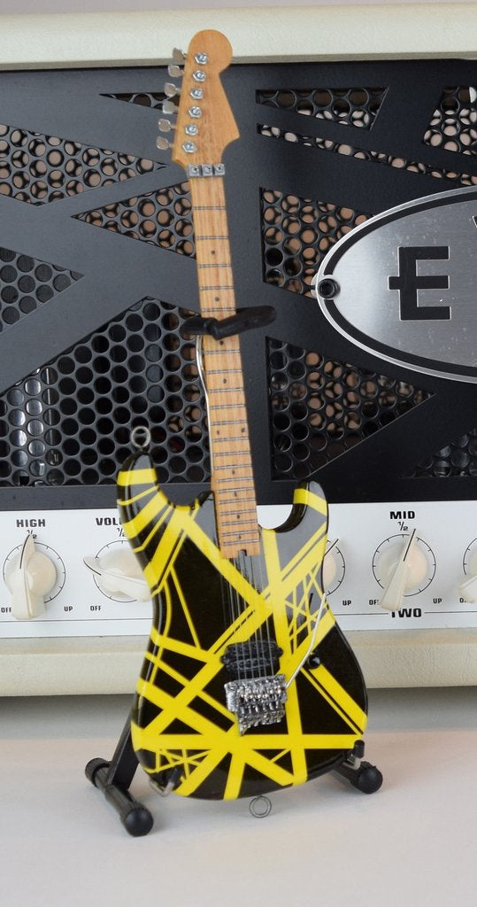 Eddie Van Halen Miniature "Bumblebee" Guitar - Officially Licensed Collectible (EVH-002) on the speaker
