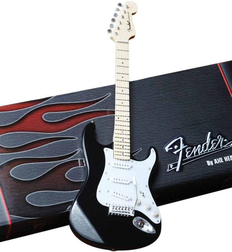 Fender™ Strat™ Classic Black Miniature AXE Guitar Replica - Officially Licensed Collectible (FS-002) on the box