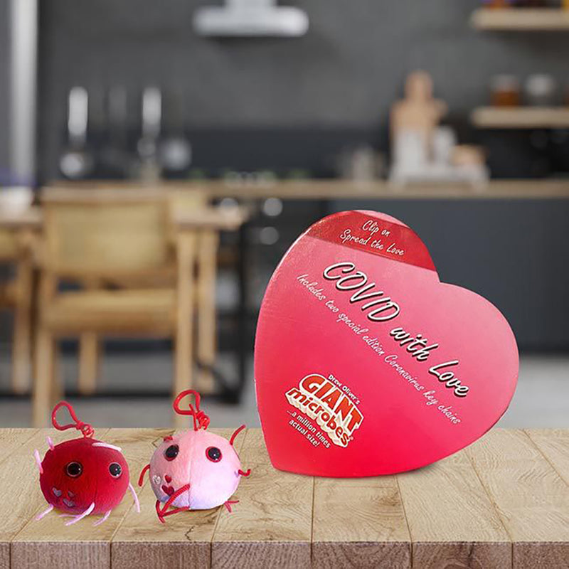 GIANTmicrobes Plush - COVID With Love Heart Box on he desk