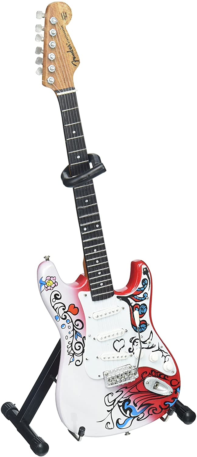 Jimi Hendrix Miniature Fender™ Strat™ Monterey Guitar Model - Officially Licensed Collectible (JH-801) on the stand