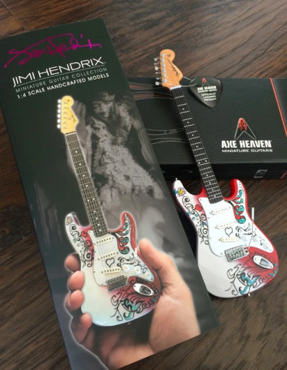 Jimi Hendrix Miniature Fender™ Strat™ Monterey Guitar Model - Officially Licensed Collectible (JH-801) on the box
