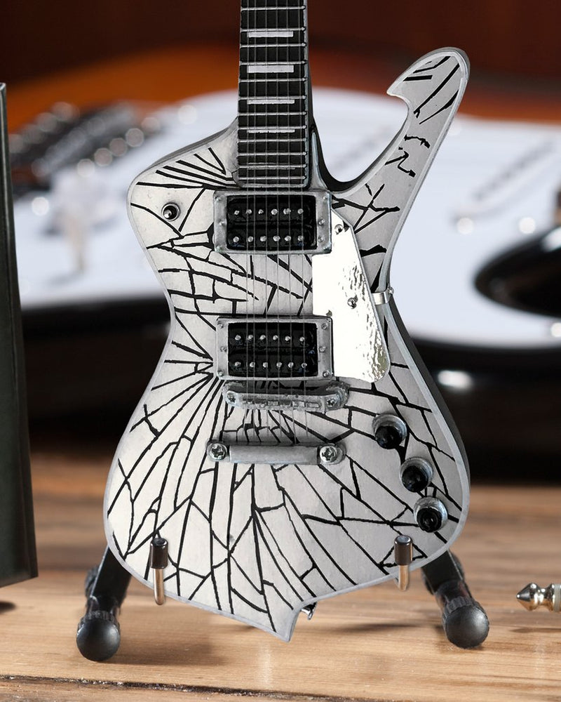 KISS Paul Stanley Miniature AXE Cracked Mirror Iceman Signature Guitar Replica - Officially Licensed Collectible (2M-K01-5007) on the desk