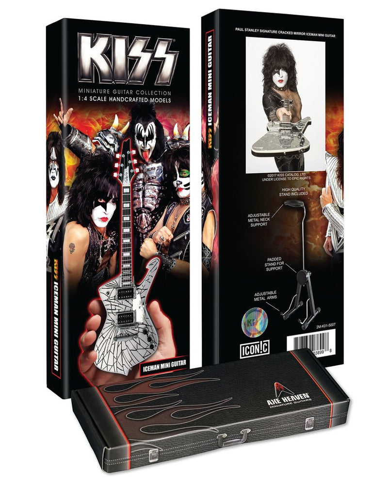 KISS Paul Stanley Miniature AXE Cracked Mirror Iceman Signature Guitar Replica - Officially Licensed Collectible (2M-K01-5007) display box