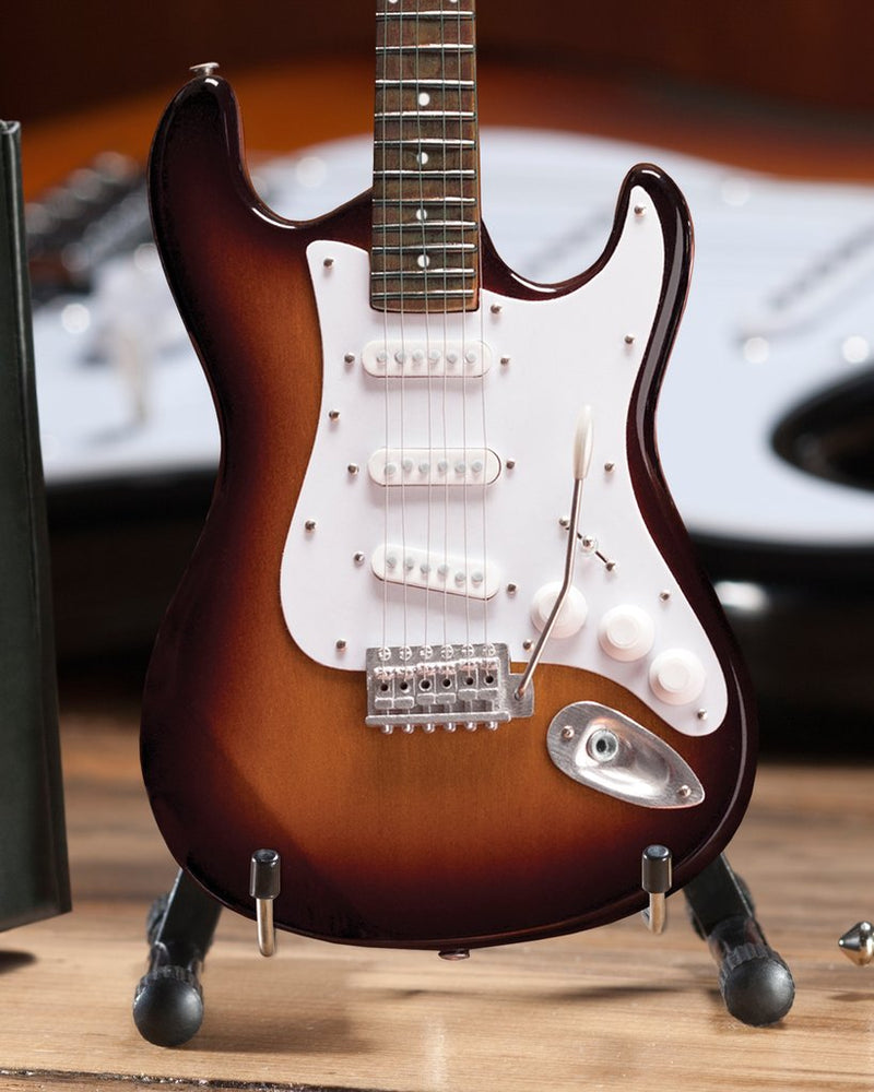 Sunburst Fender™ Strat™ - Classic Miniature AXE Guitar Replica - Officially Licensed Collectible (FS-001) on desk